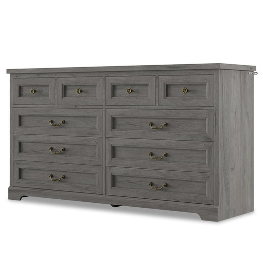 55 Inches Wide Dresser with 10 Storage Drawers Oak Grey
