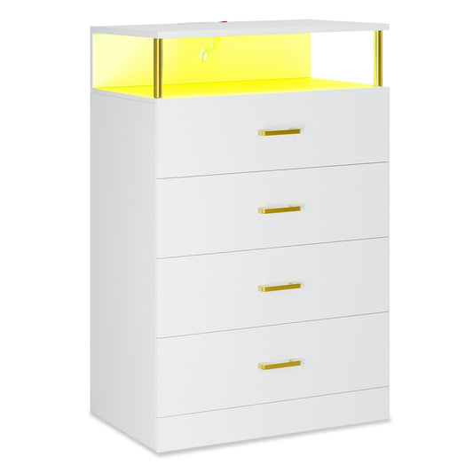 Tall Dresser with LED Lights 4 Storage Drawers White