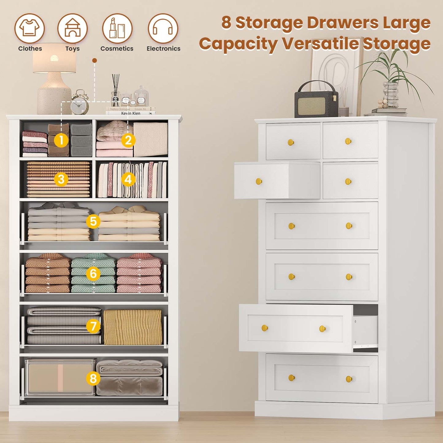 55.1 Inches High Tall Dresser with 8 Drawers White