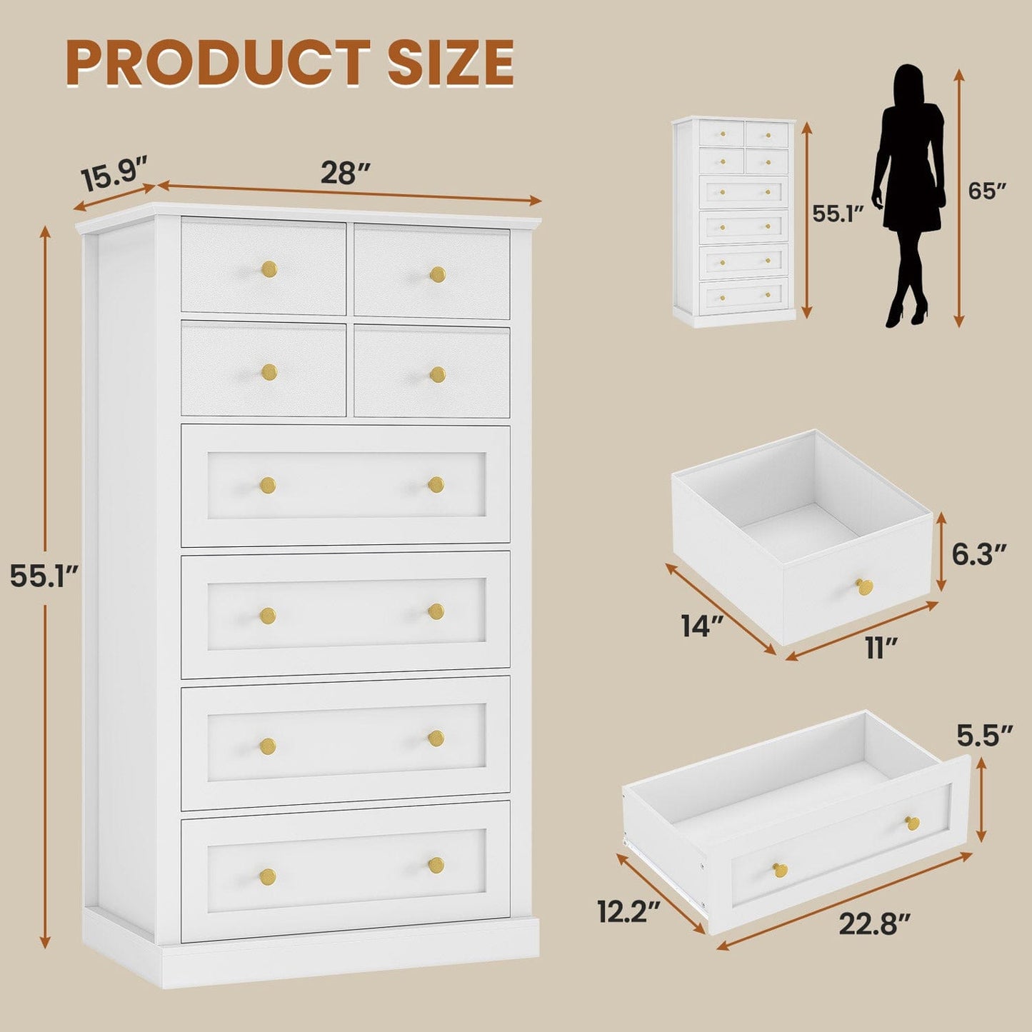 55.1 Inches High Tall Dresser with 8 Drawers White