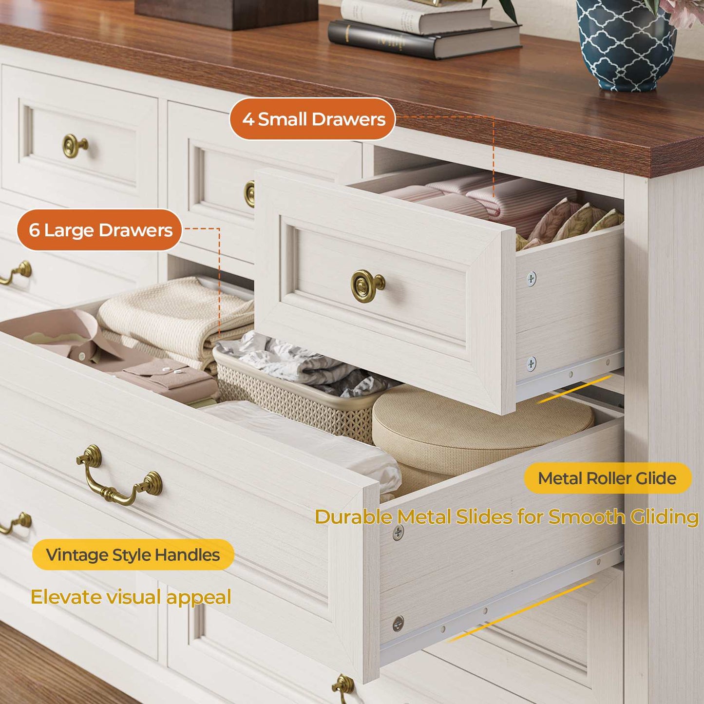 55 Inches Wide Dresser with 10 Storage Drawers White