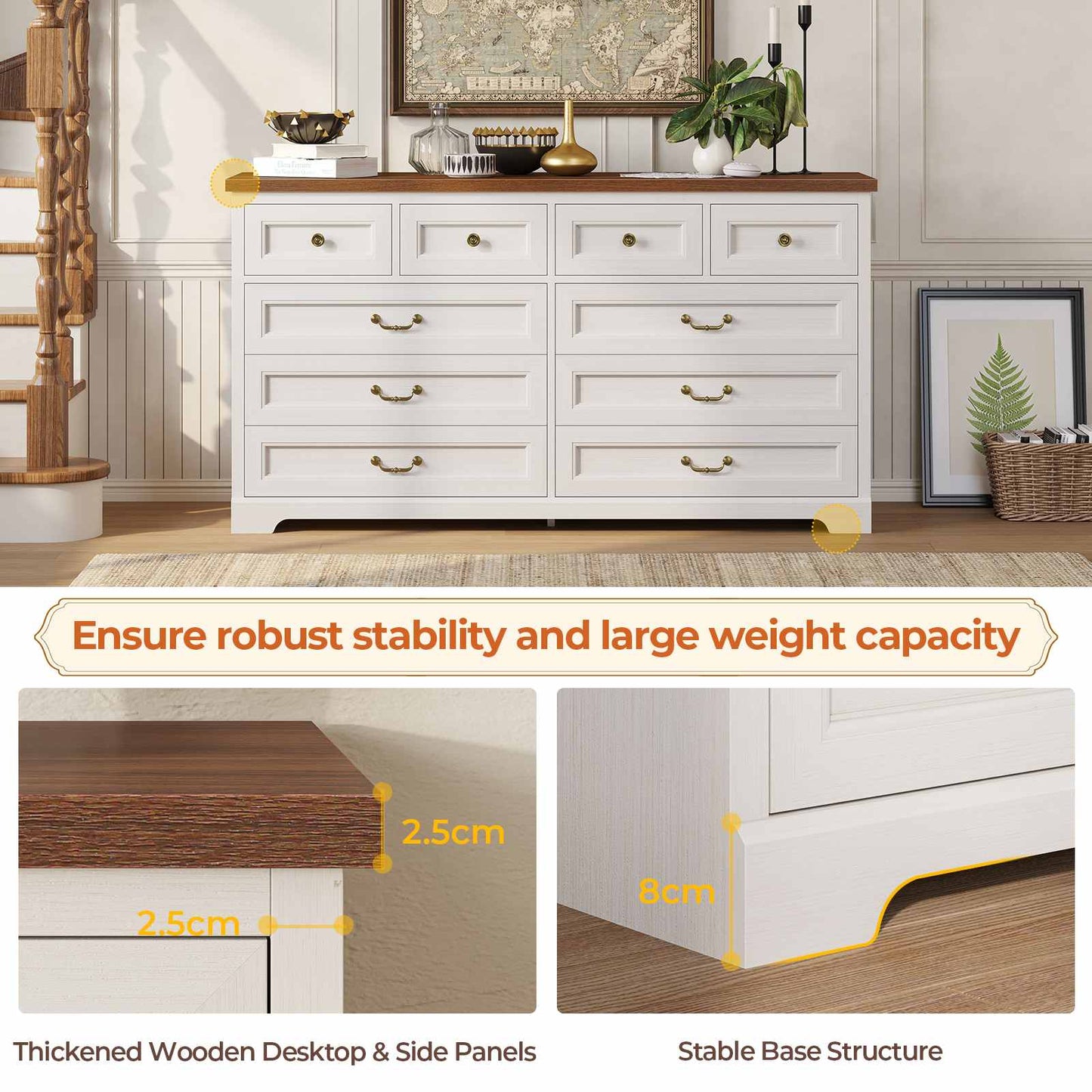 55 Inches Wide Dresser with 10 Storage Drawers White
