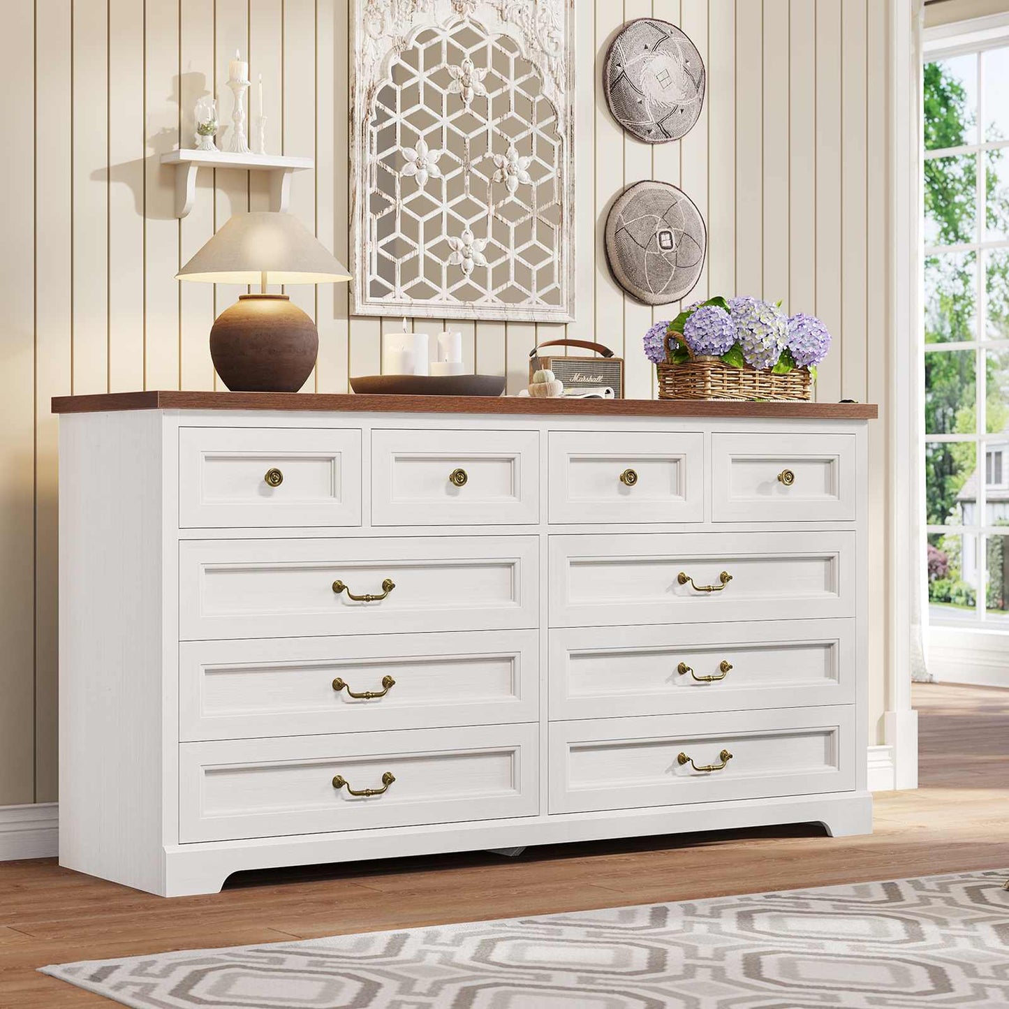 55 Inches Wide Dresser with 10 Storage Drawers White