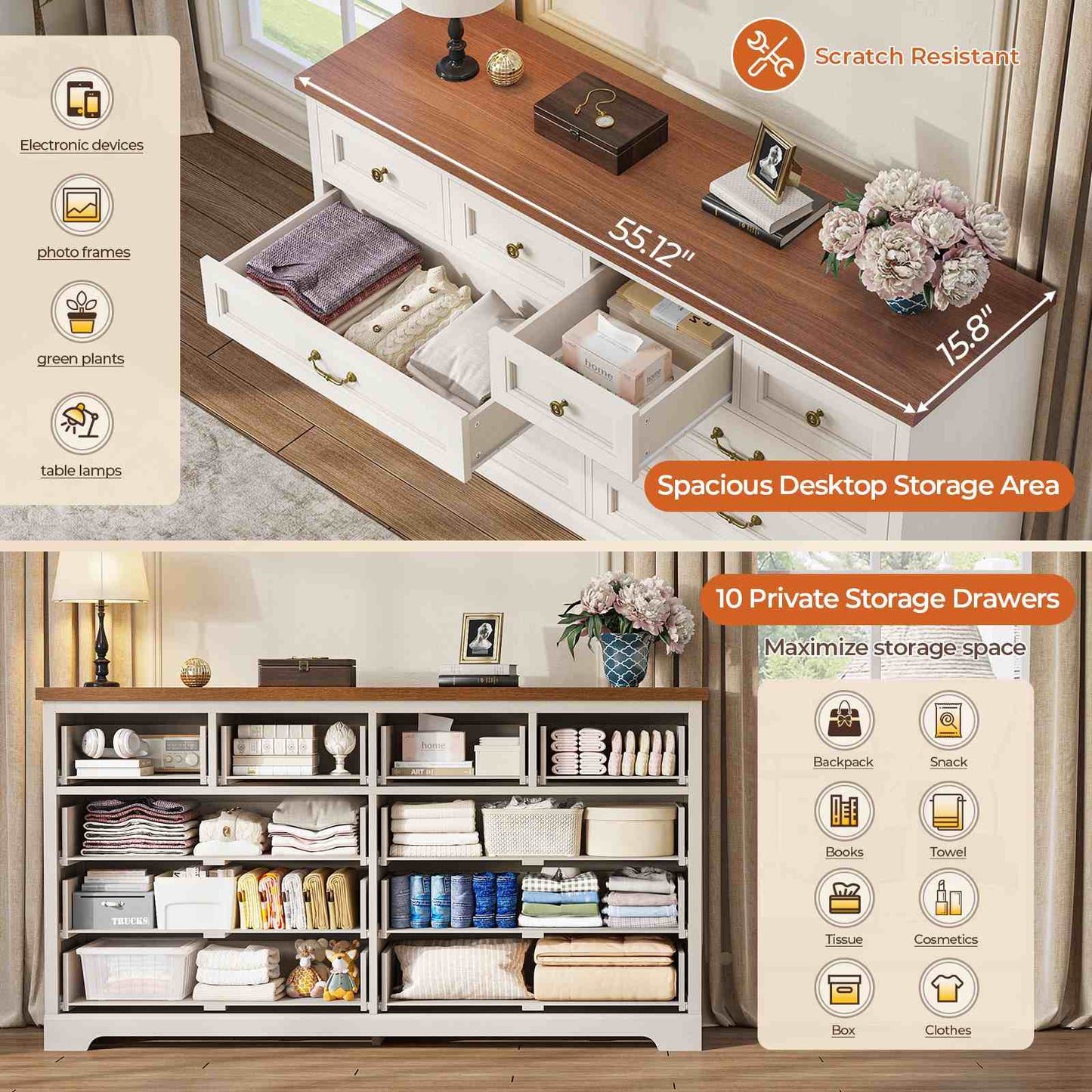 55 Inches Wide Dresser with 10 Storage Drawers White