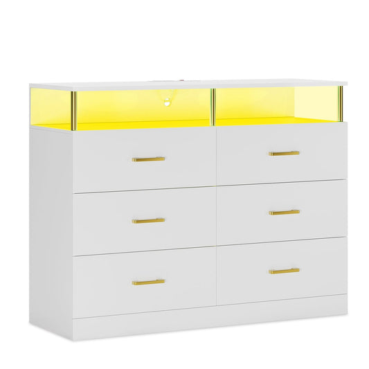 LED Wide Dresser with 6 Drawers Column Design White