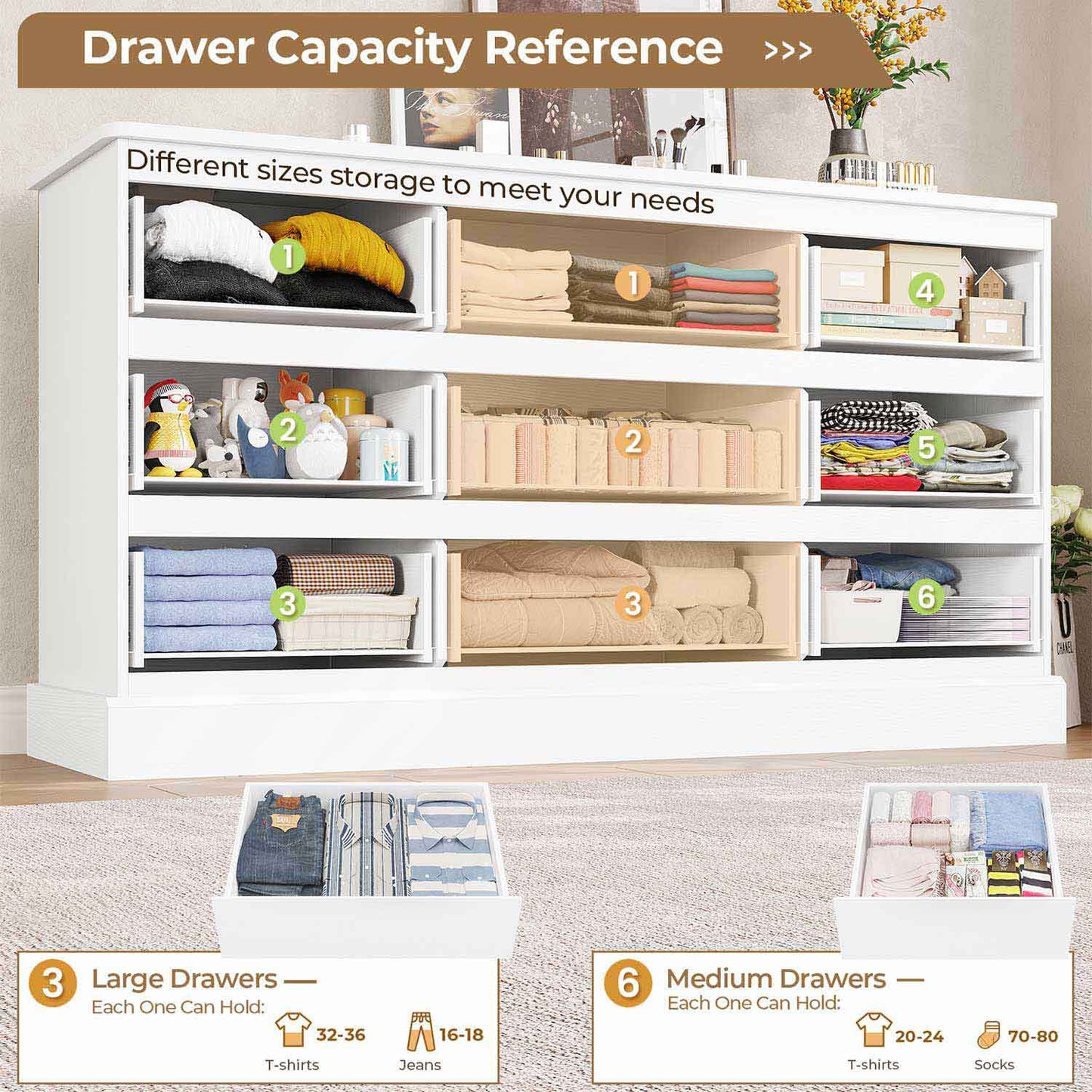 61.4 Inches Dresser with Power Outlets White