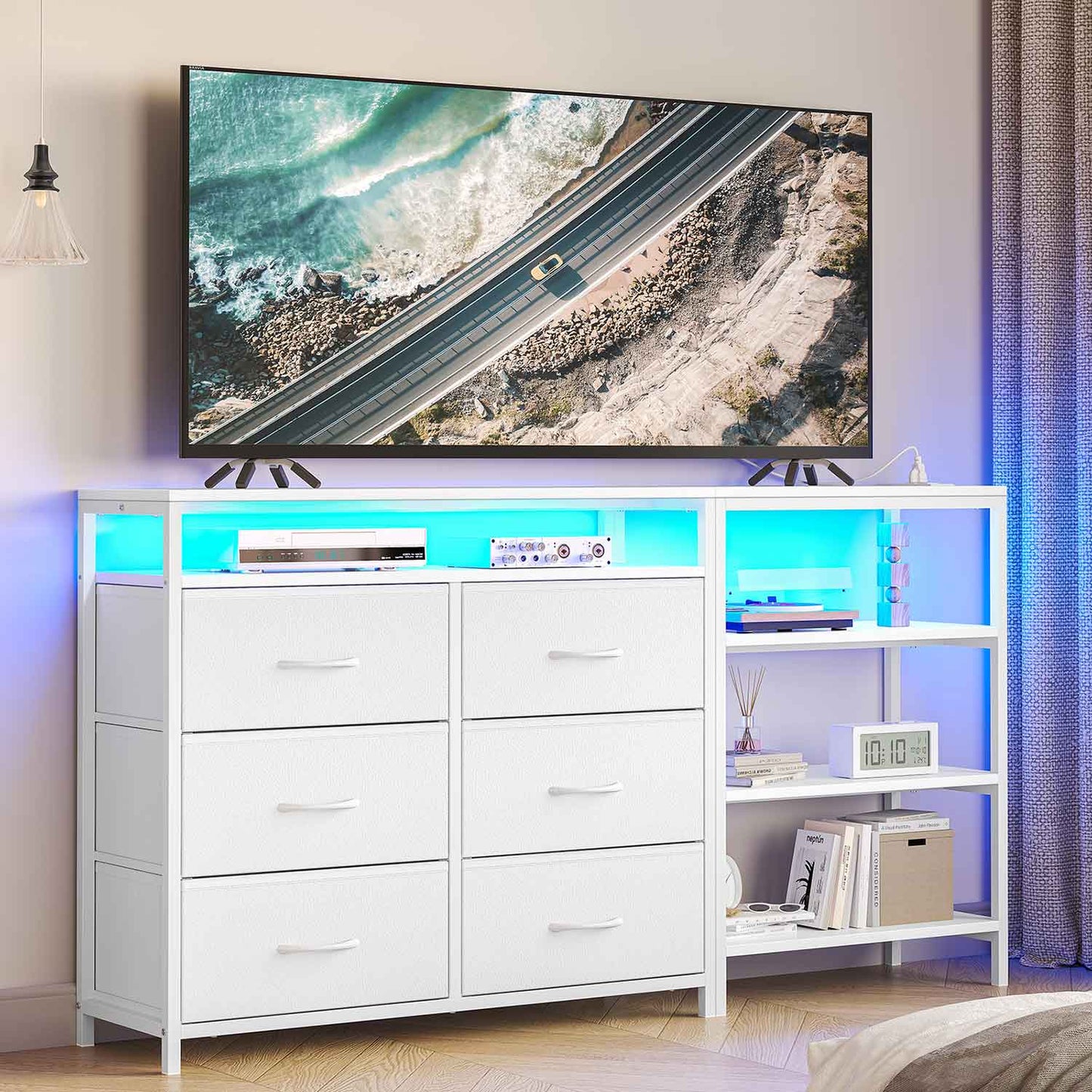 Corner L Shaped LED TV Stand Convertible Dresser White