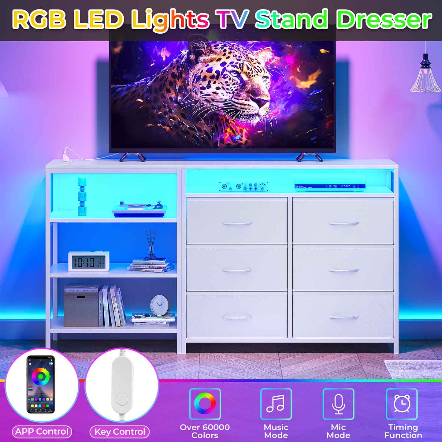 Corner L Shaped LED TV Stand Convertible Dresser White