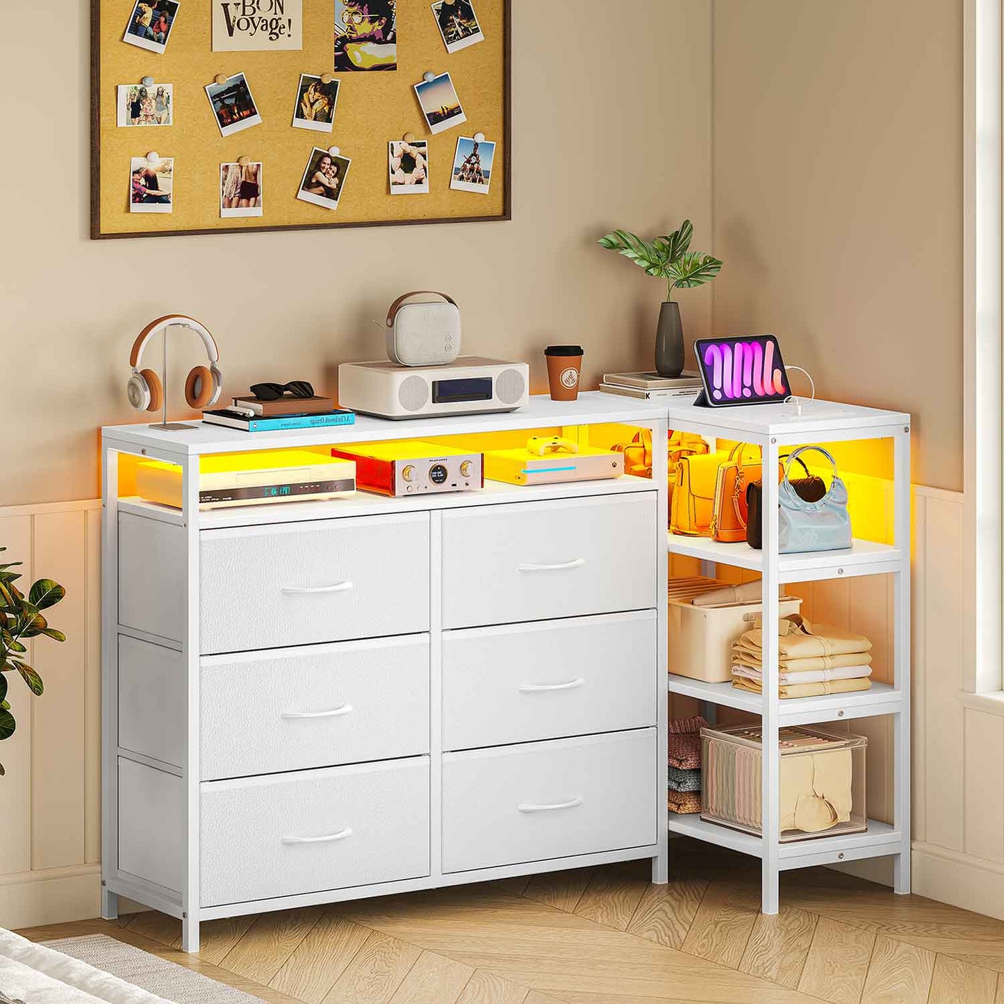 Corner L Shaped LED TV Stand Convertible Dresser White