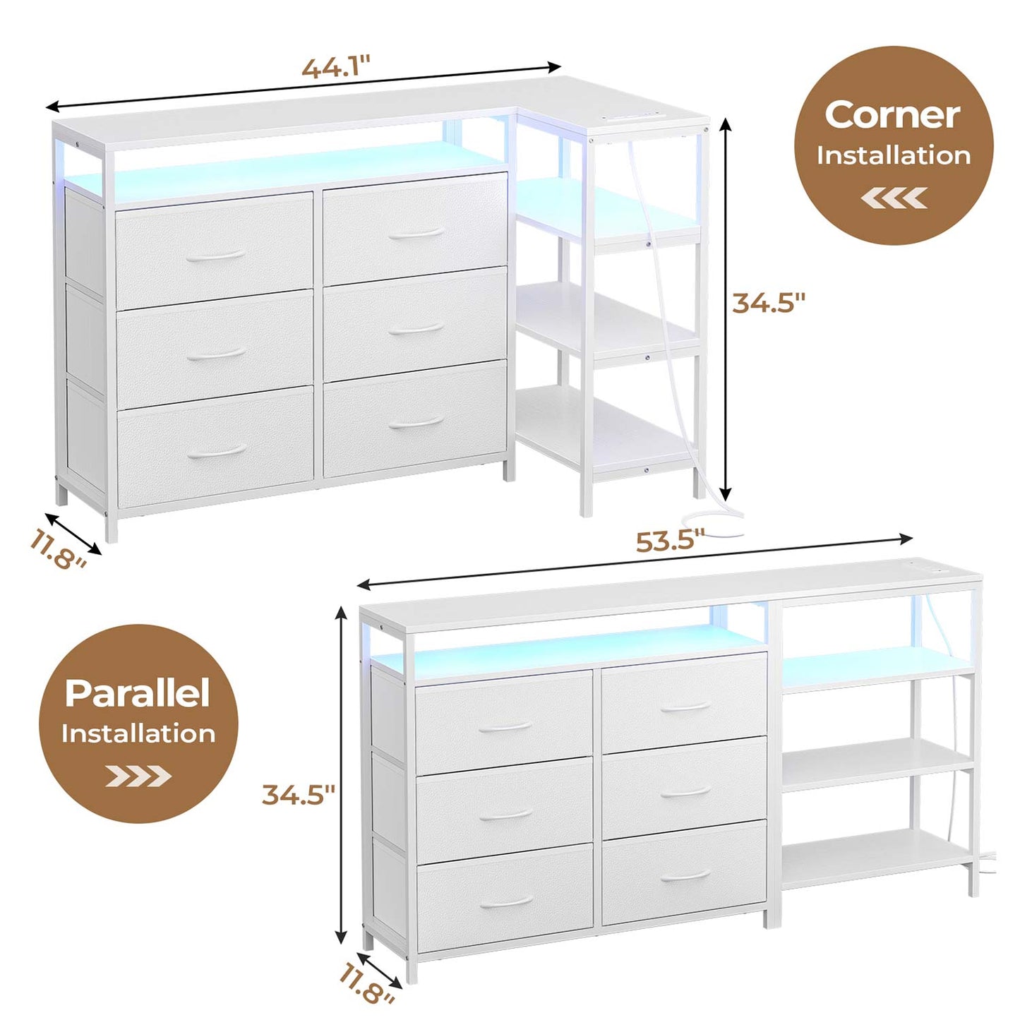 Corner L Shaped LED TV Stand Convertible Dresser White