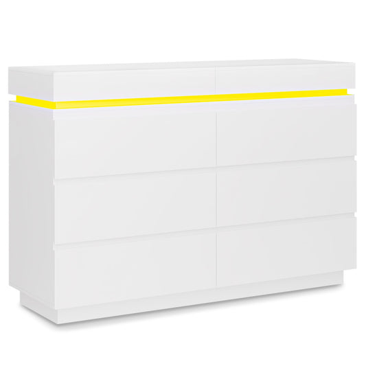 Wide Dresser with LED Lights 6 Drawers White