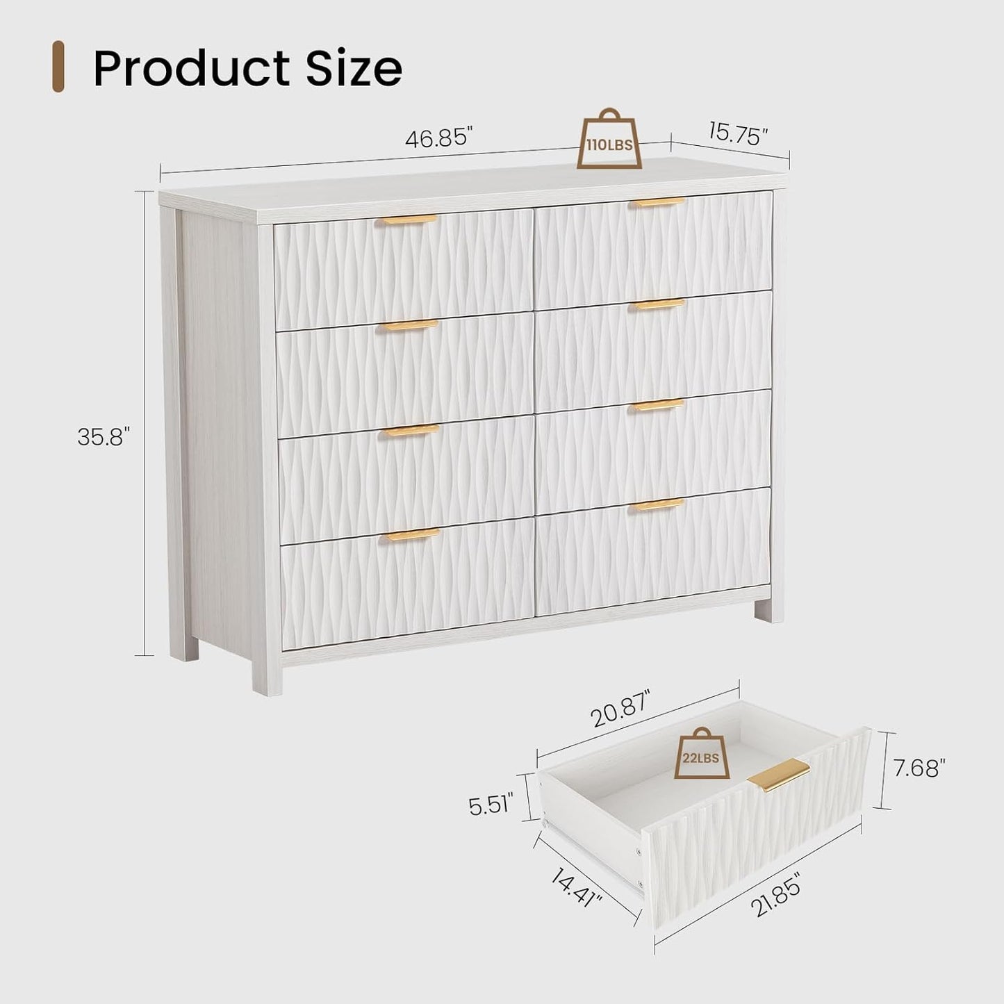 Fluted Dresser with 8 Drawers White