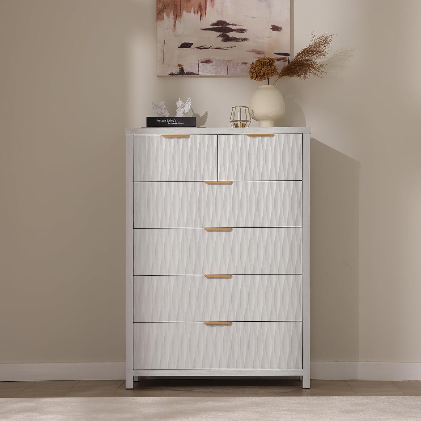 Fluted Tall Dresser with 6 Drawers White