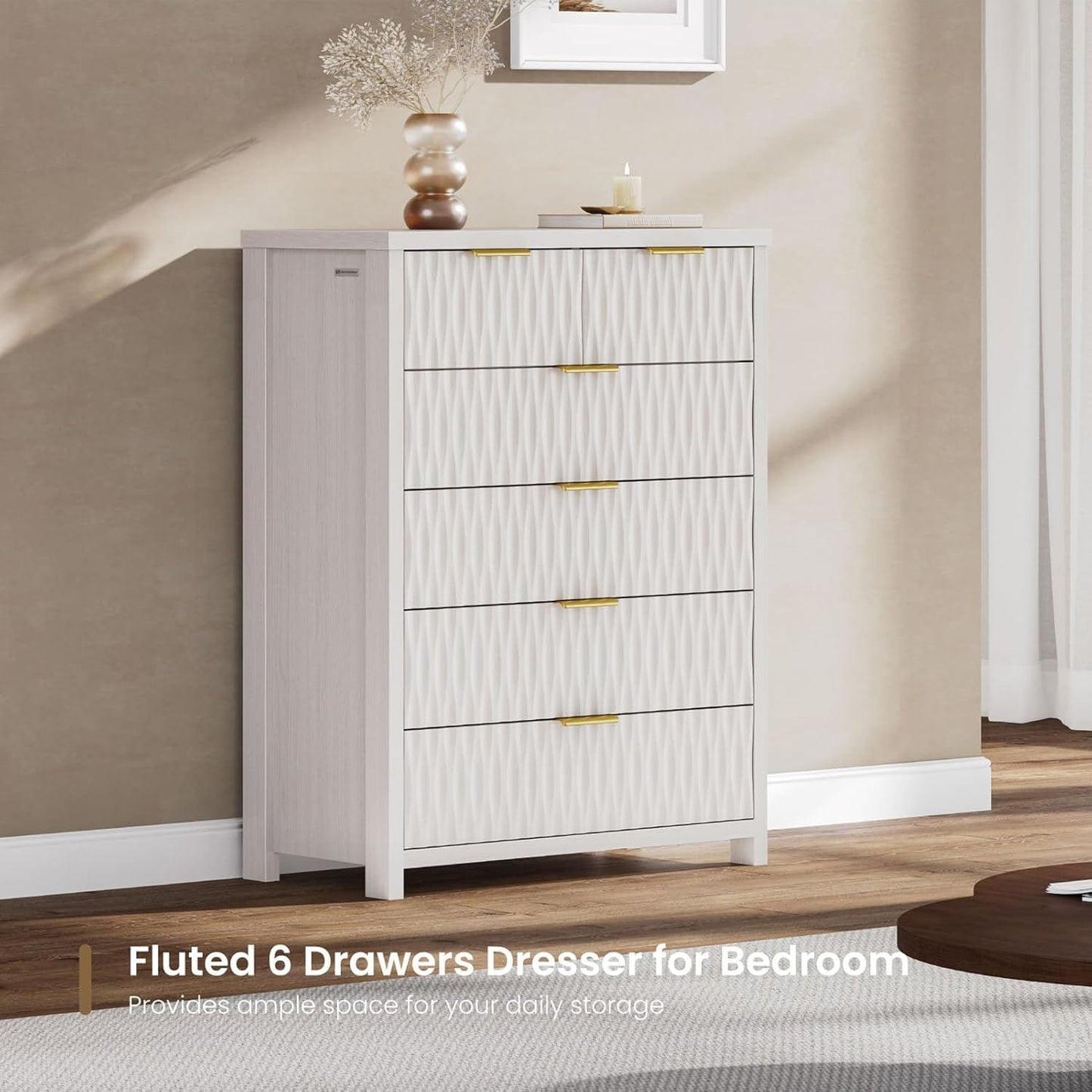 Fluted Tall Dresser with 6 Drawers White