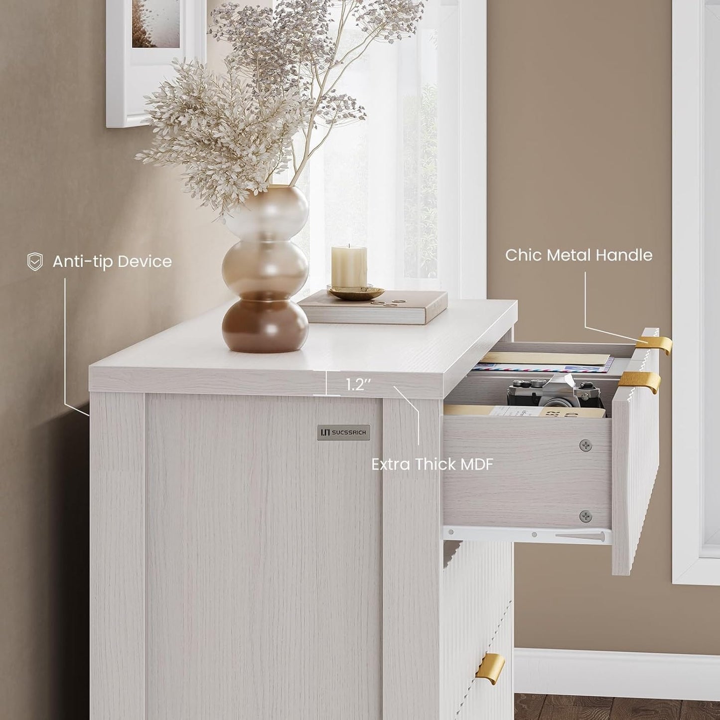 Fluted Tall Dresser with 6 Drawers White