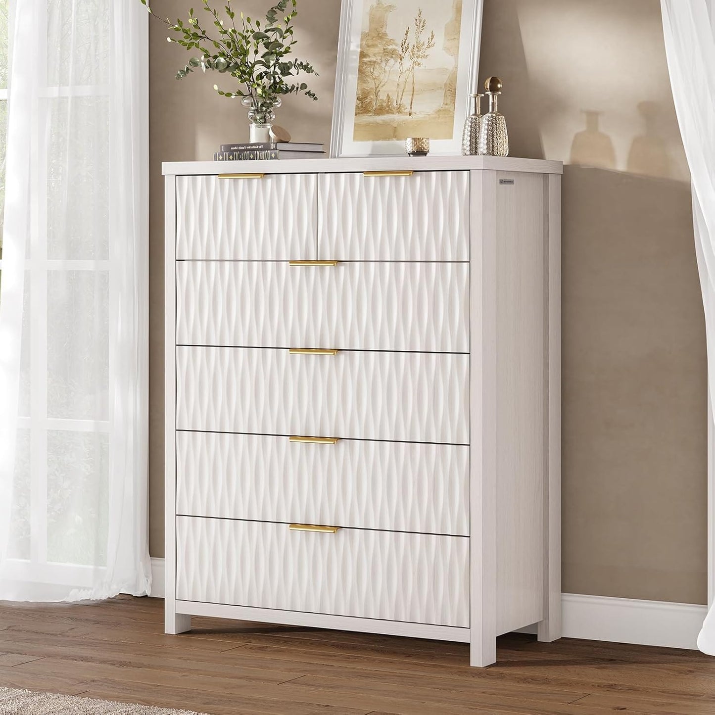 Fluted Tall Dresser with 6 Drawers White