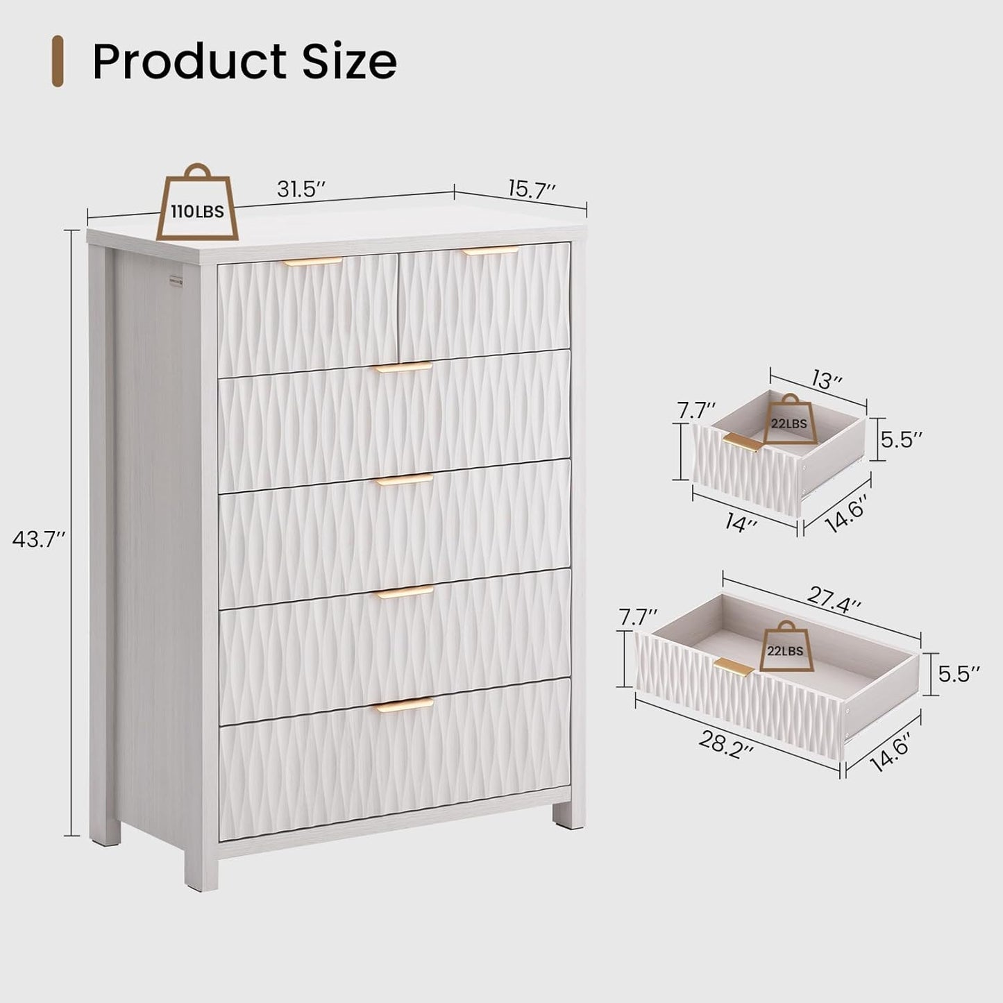 Fluted Tall Dresser with 6 Drawers White