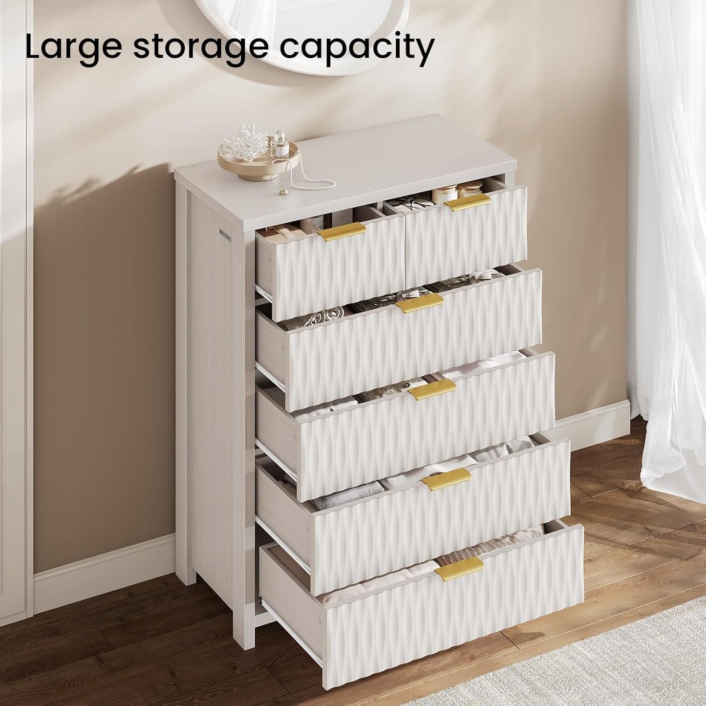 Fluted Tall Dresser with 6 Drawers White