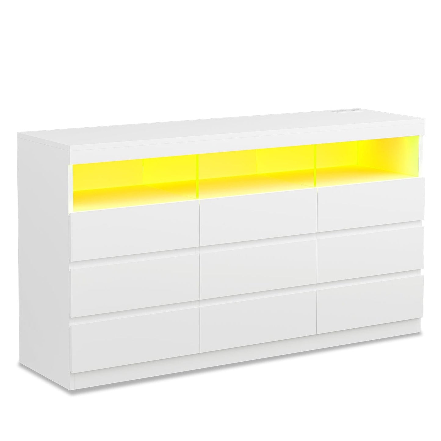 LED Wide Dresser with 9 No-Handle Drawers White
