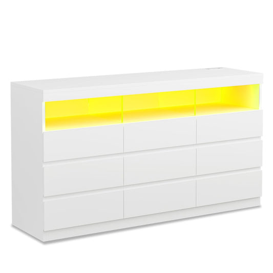 LED Wide Dresser with 9 No-Handle Drawers White