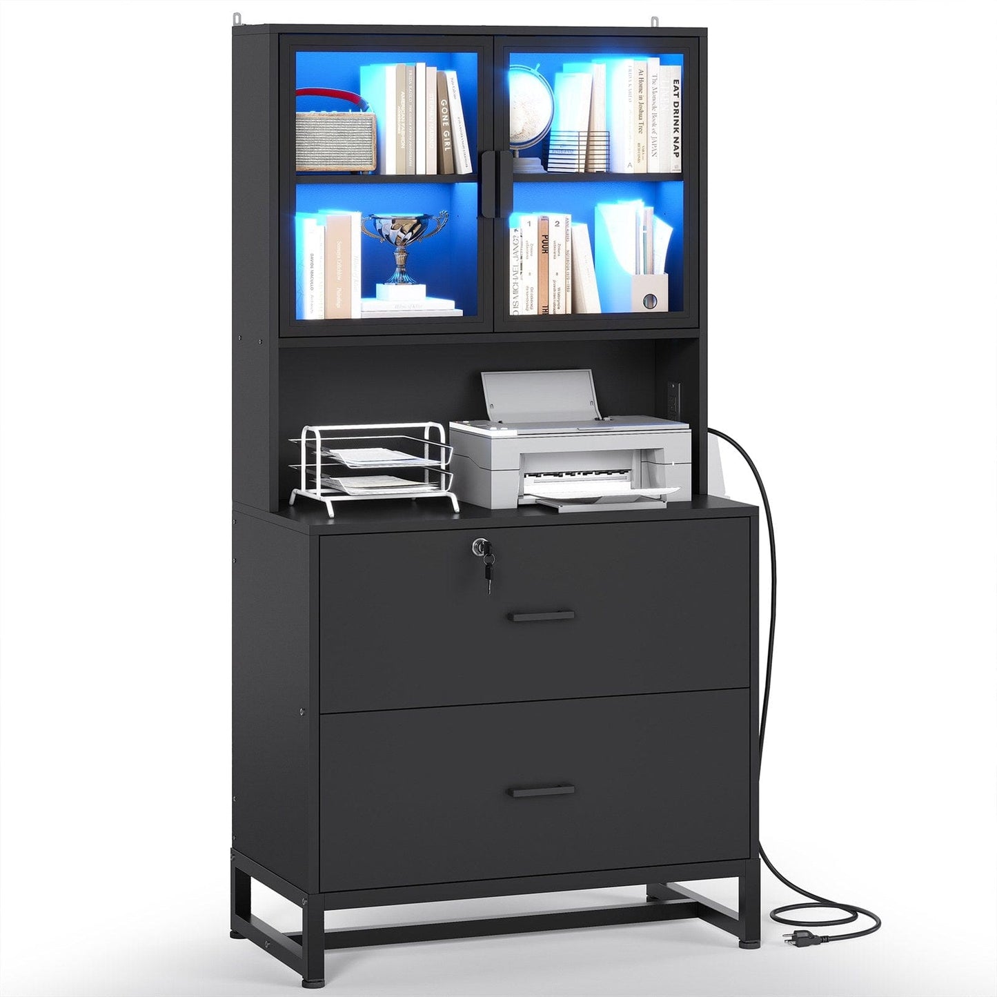2 Drawers File Cabinet with Bookshelf and Lock & Charging Station Black