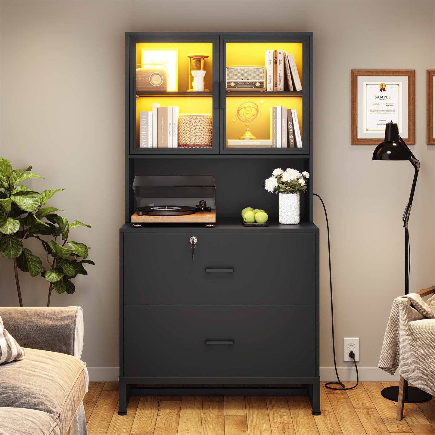 2 Drawers File Cabinet with Bookshelf and Lock & Charging Station Black