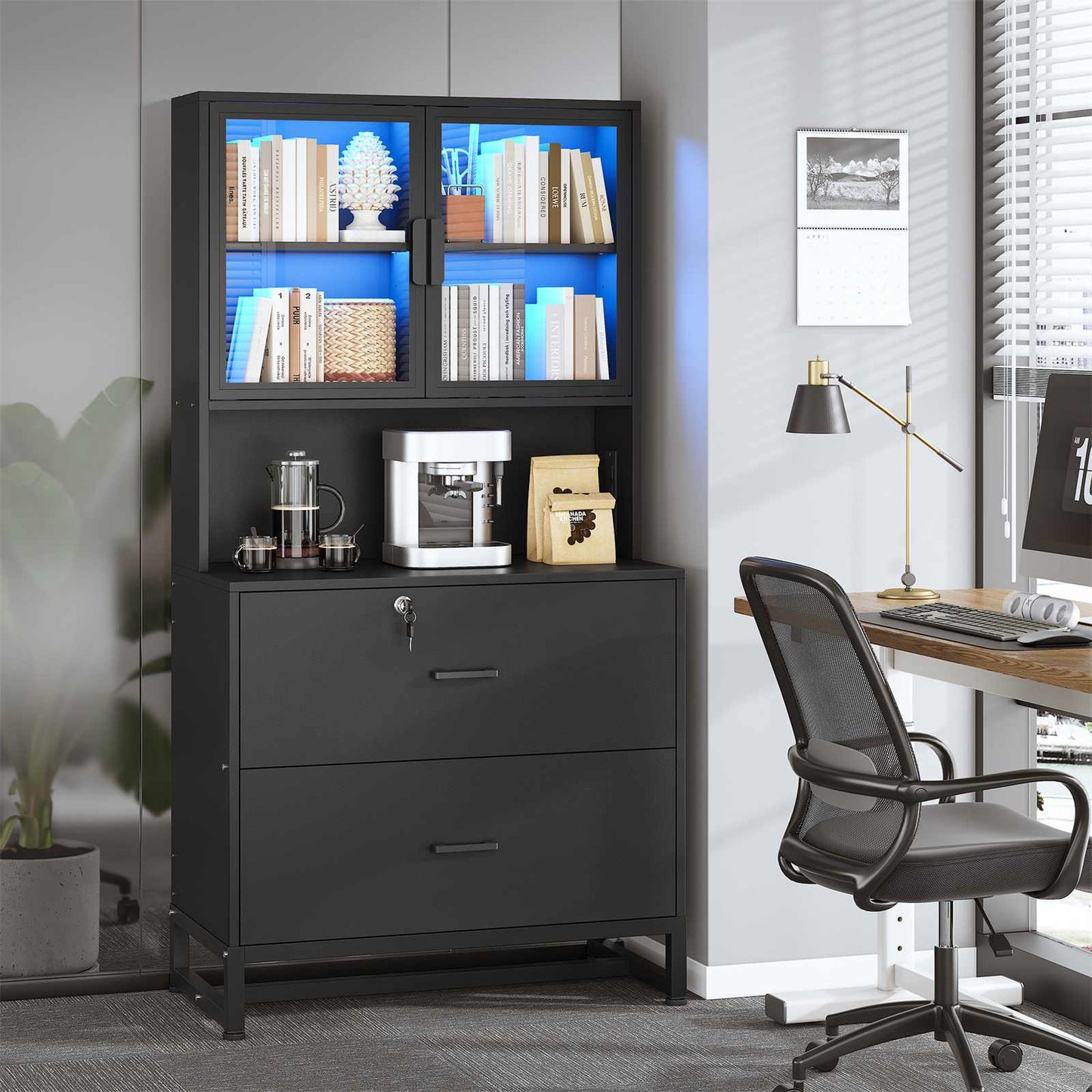 2 Drawers File Cabinet with Bookshelf and Lock & Charging Station Black