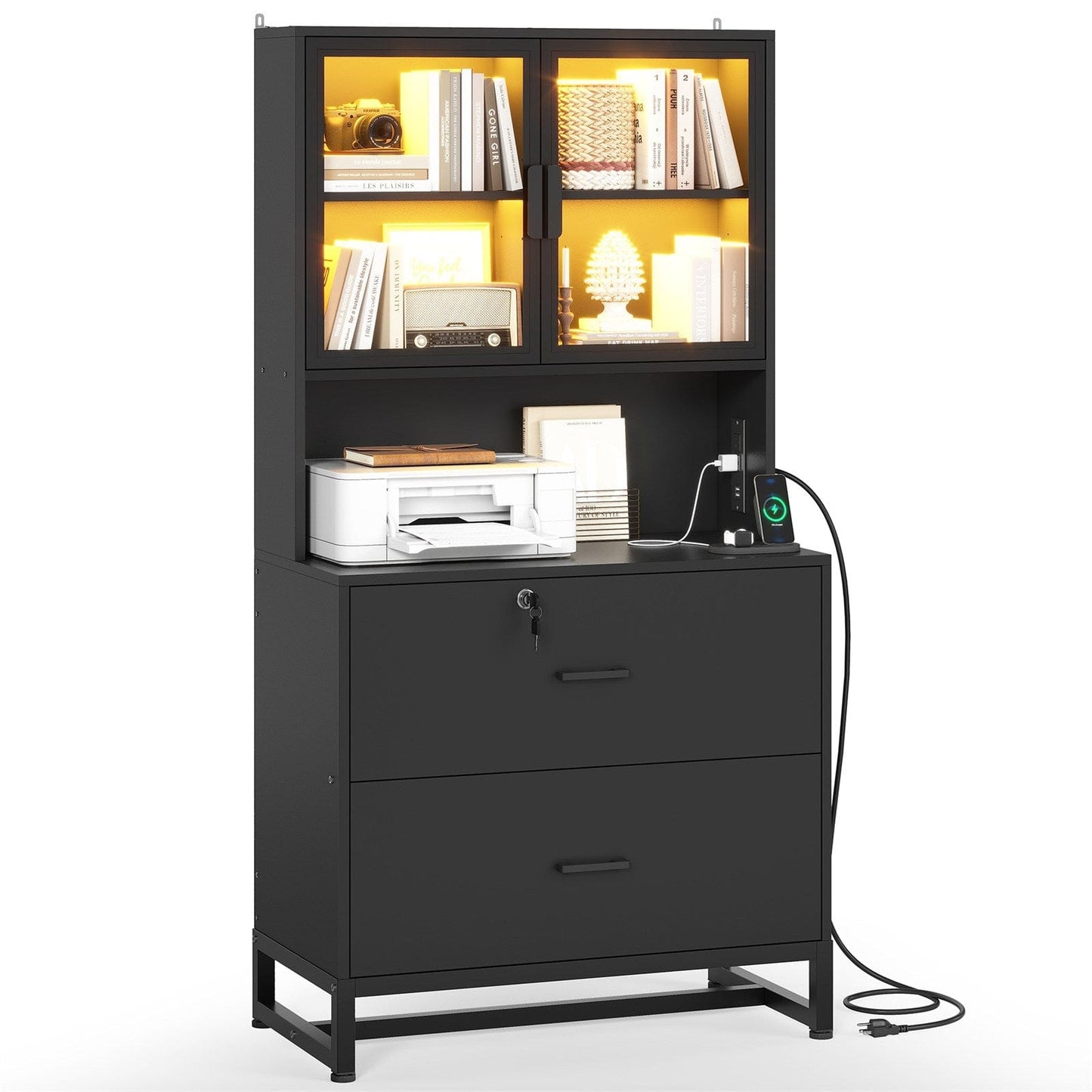 2 Drawers File Cabinet with Bookshelf and Lock & Charging Station Black