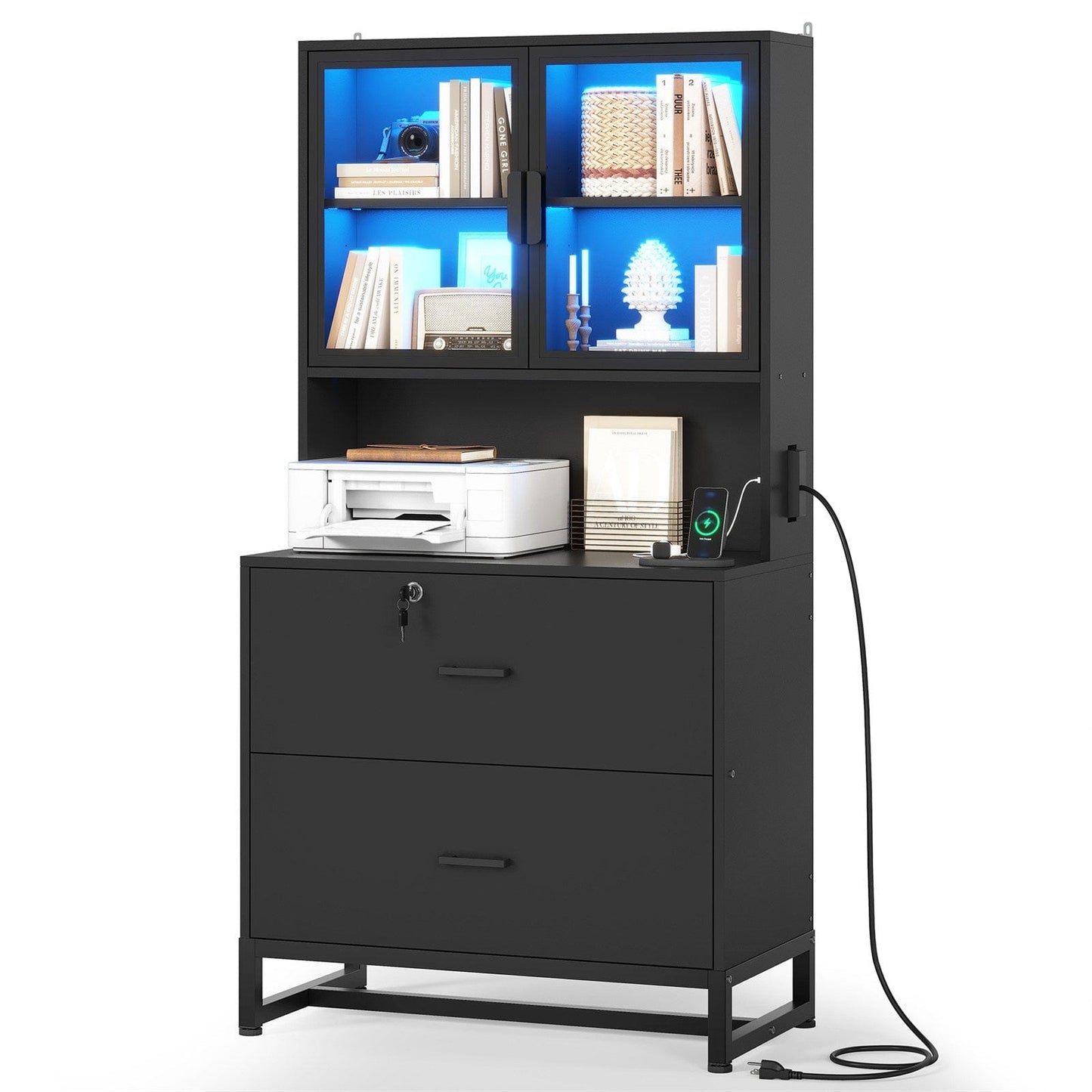 2 Drawers File Cabinet with Bookshelf and Lock & Charging Station Black