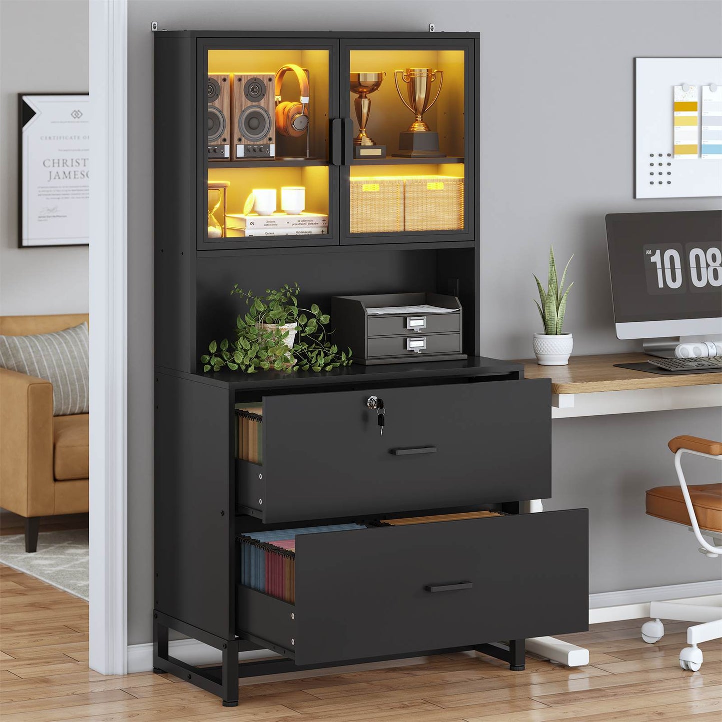 2 Drawers File Cabinet with Bookshelf and Lock & Charging Station Black