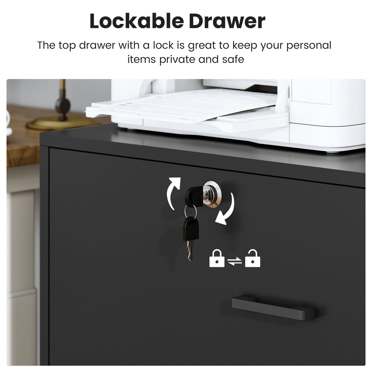 2 Drawers File Cabinet with Bookshelf and Lock & Charging Station Black
