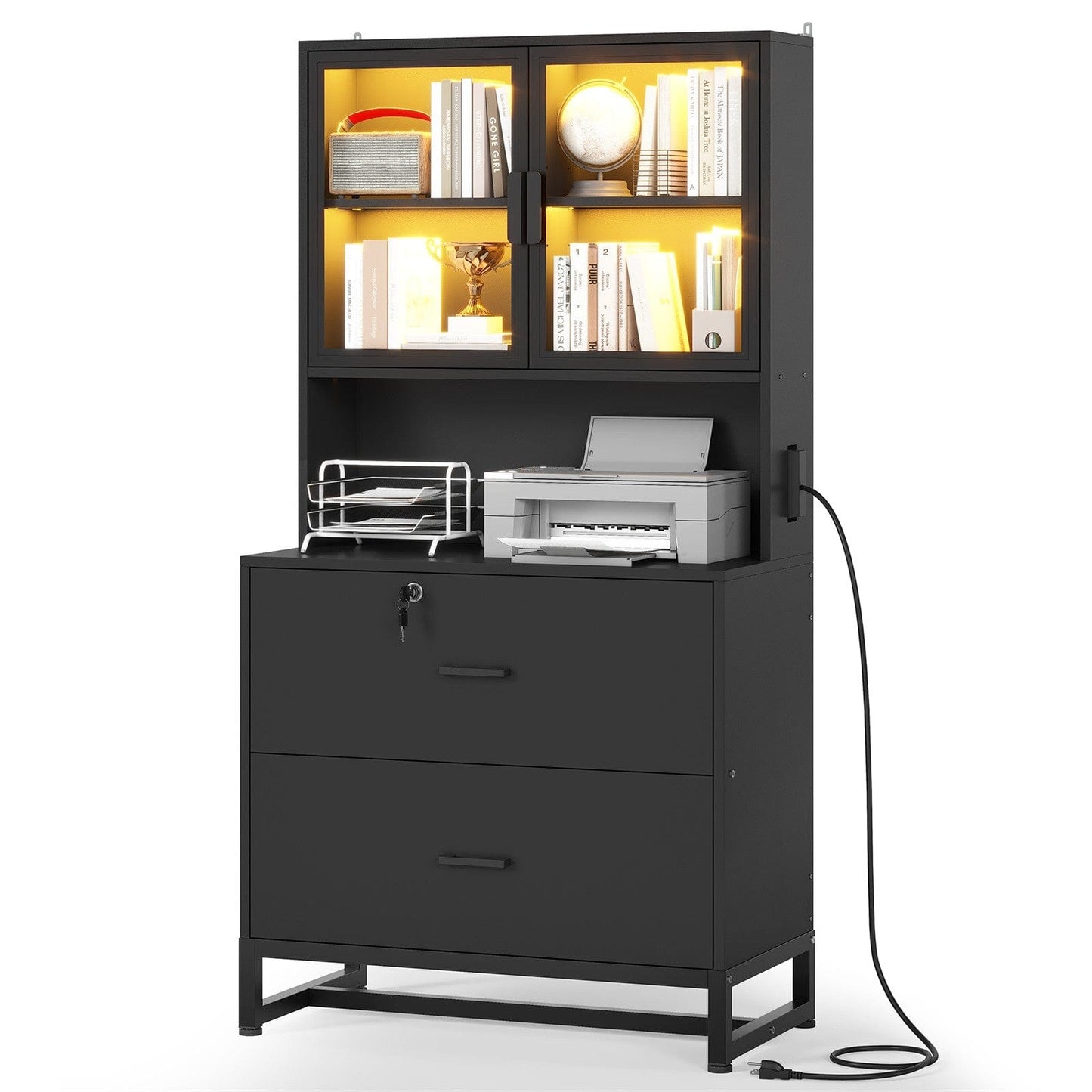 2 Drawers File Cabinet with Bookshelf and Lock & Charging Station Black