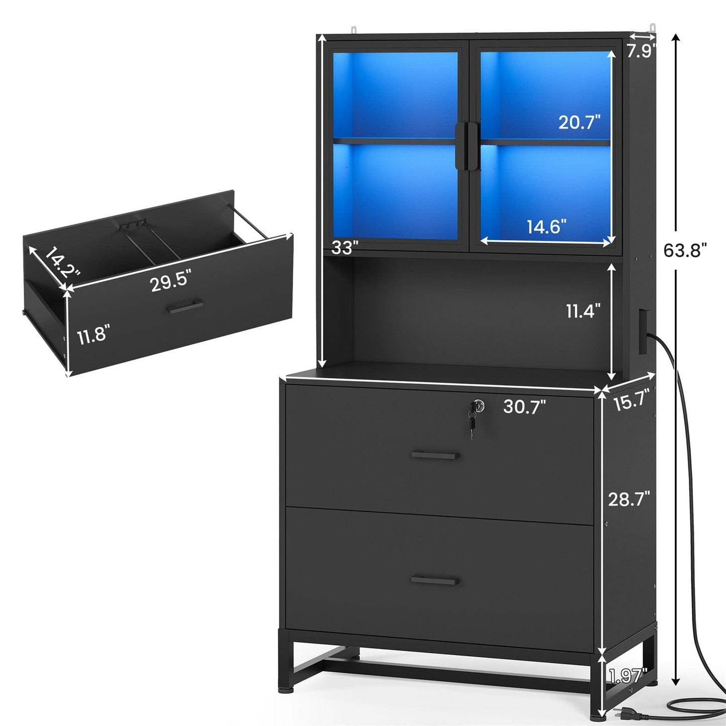 2 Drawers File Cabinet with Bookshelf and Lock & Charging Station Black