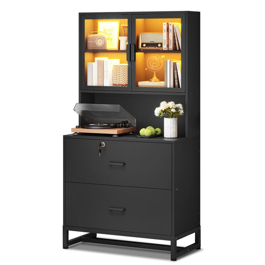 2 Drawers File Cabinet with Bookshelf and Lock & Charging Station Black