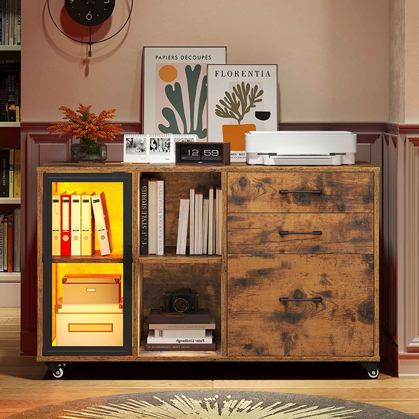 39.4 Inches Mobile File Cabinet with LED Brown