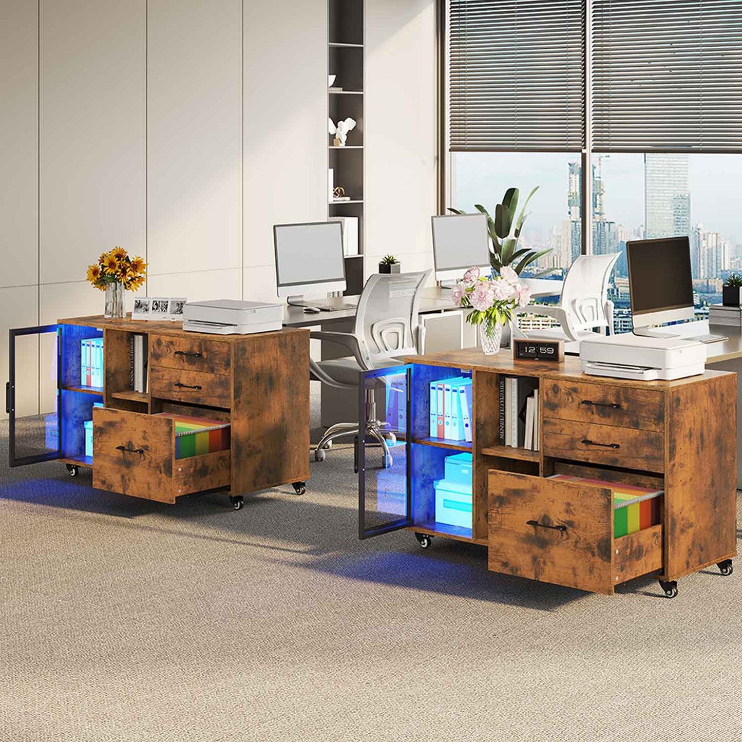 39.4 Inches Mobile File Cabinet with LED Brown