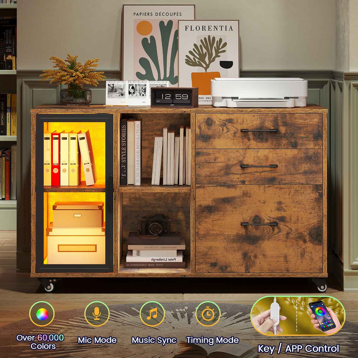 39.4 Inches Mobile File Cabinet with LED Brown