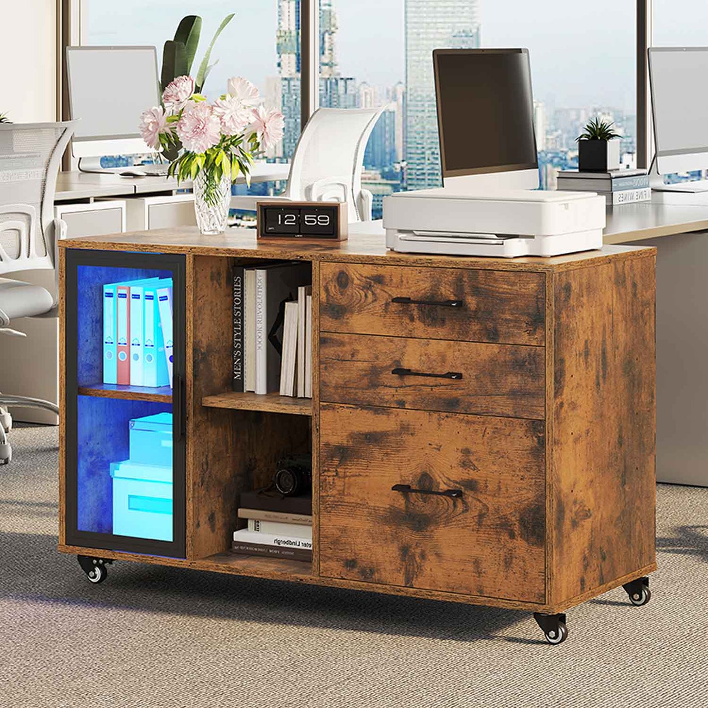 39.4 Inches Mobile File Cabinet with LED Brown