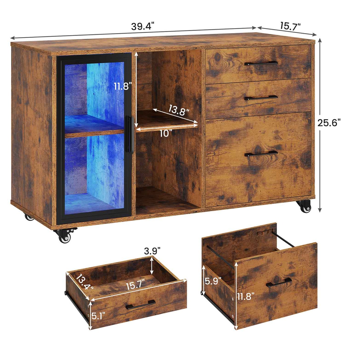 39.4 Inches Mobile File Cabinet with LED Brown