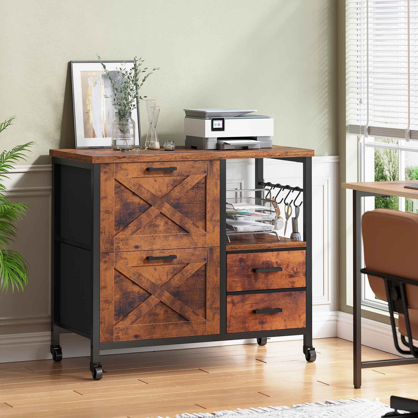 File Cabinet with Wheels and 4 Drawers Brown