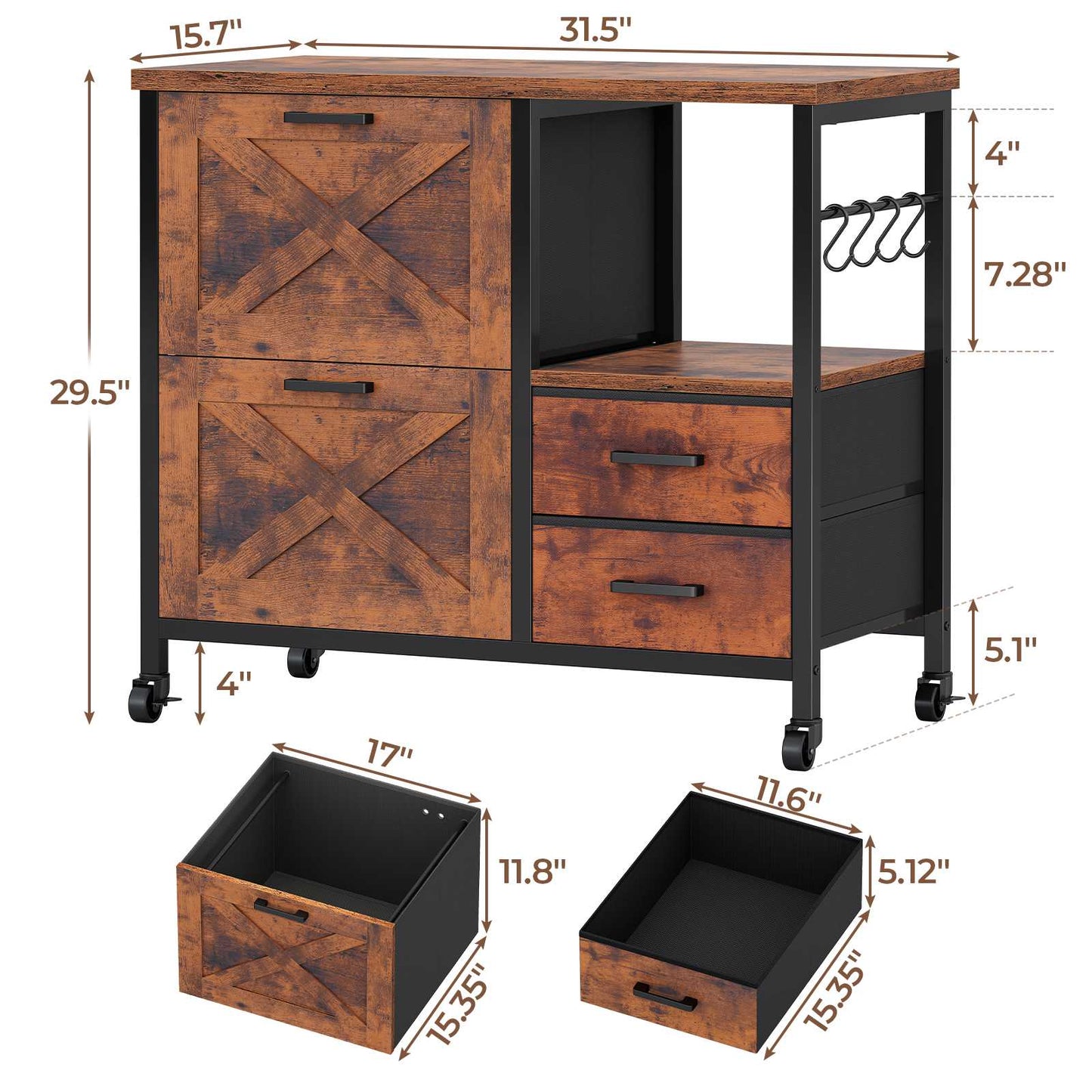 File Cabinet with Wheels and 4 Drawers Brown