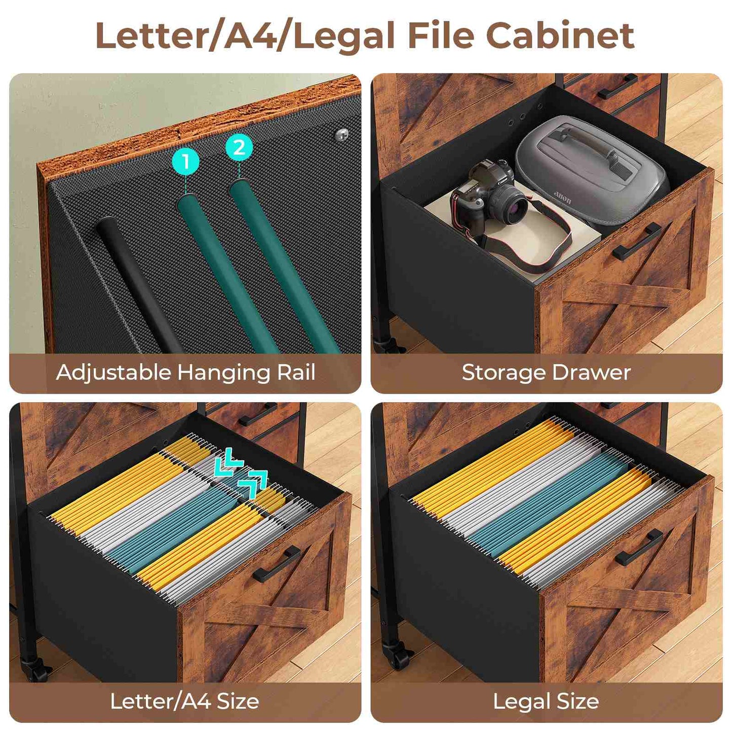 File Cabinet with Wheels and 4 Drawers Brown