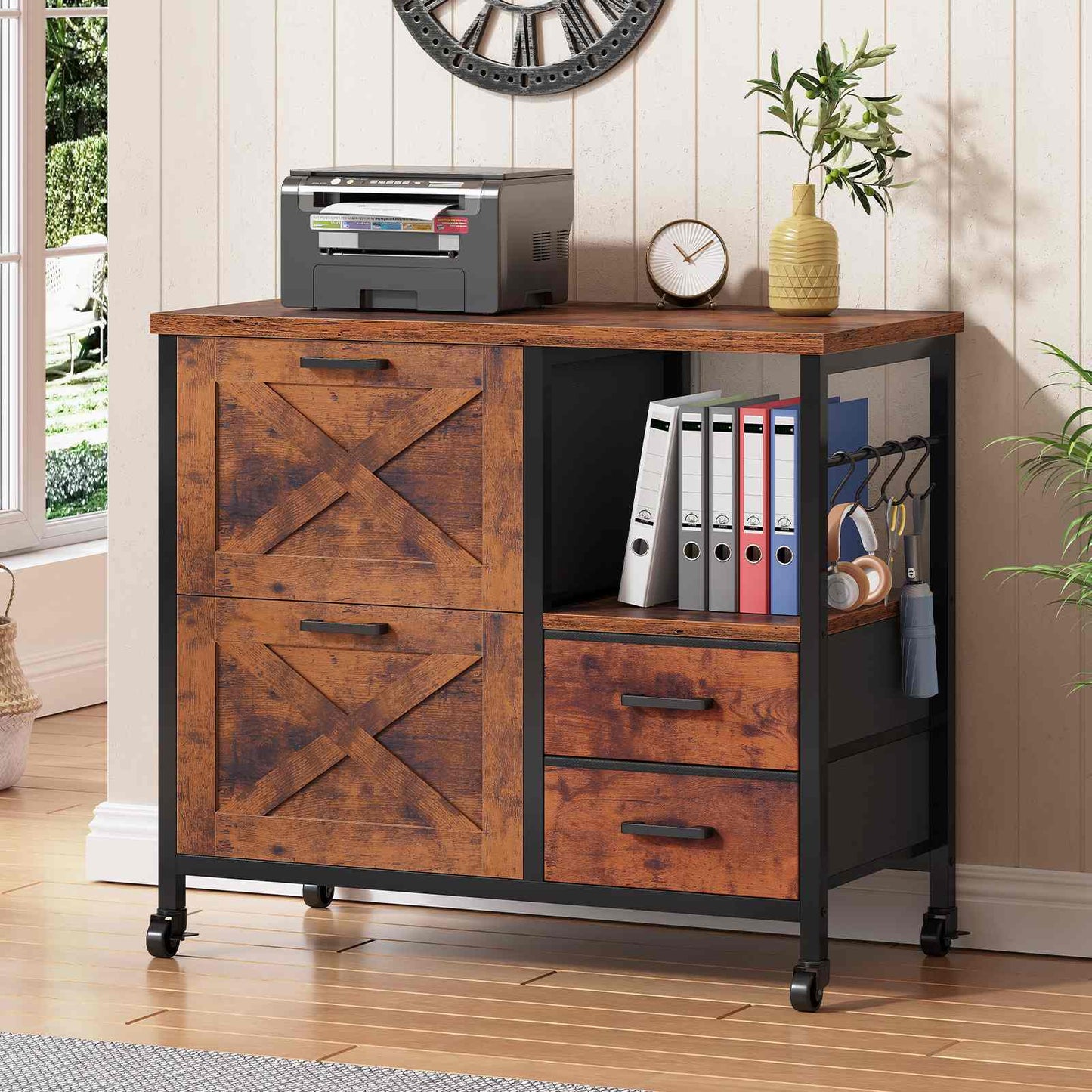 File Cabinet with Wheels and 4 Drawers Brown