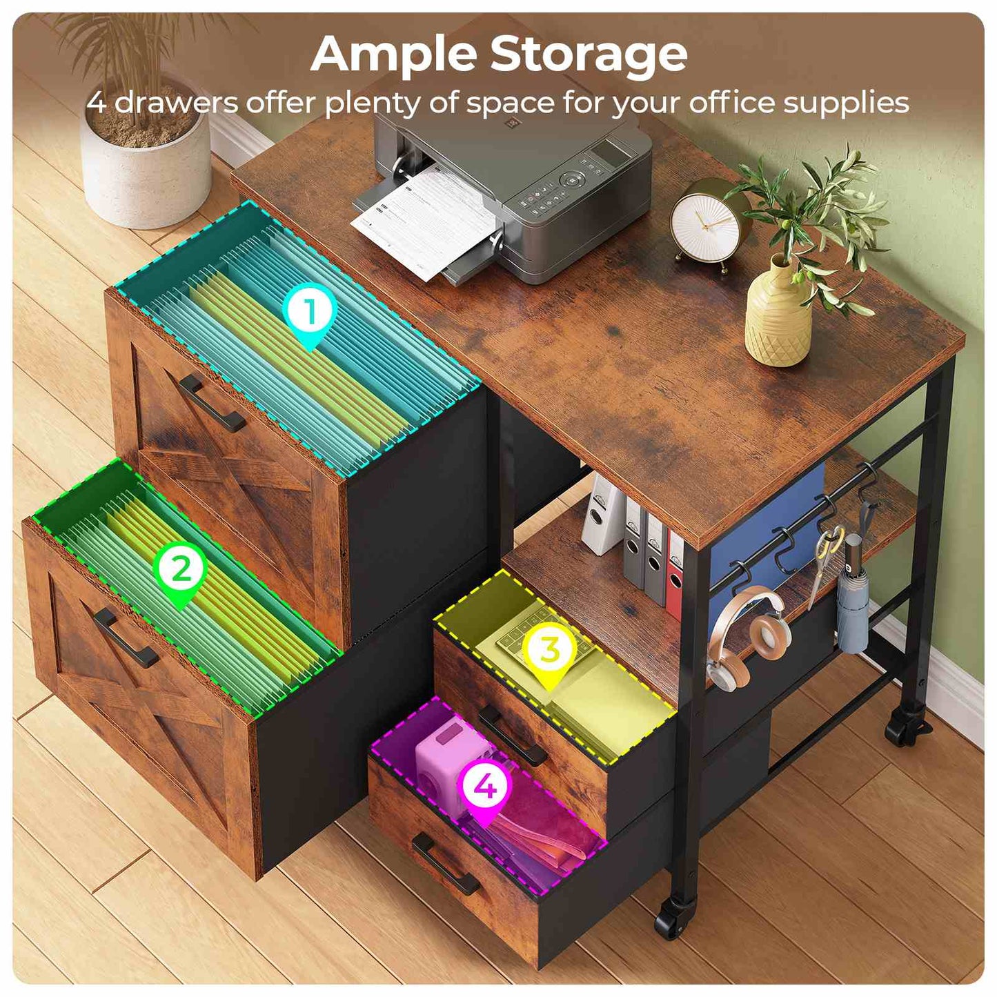 File Cabinet with Wheels and 4 Drawers Brown