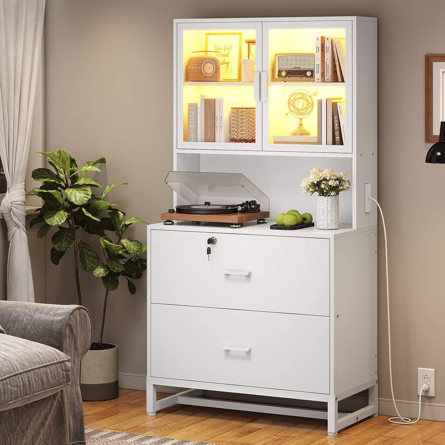 2 Drawers File Cabinet with Bookshelf and Lock & Charging Station White