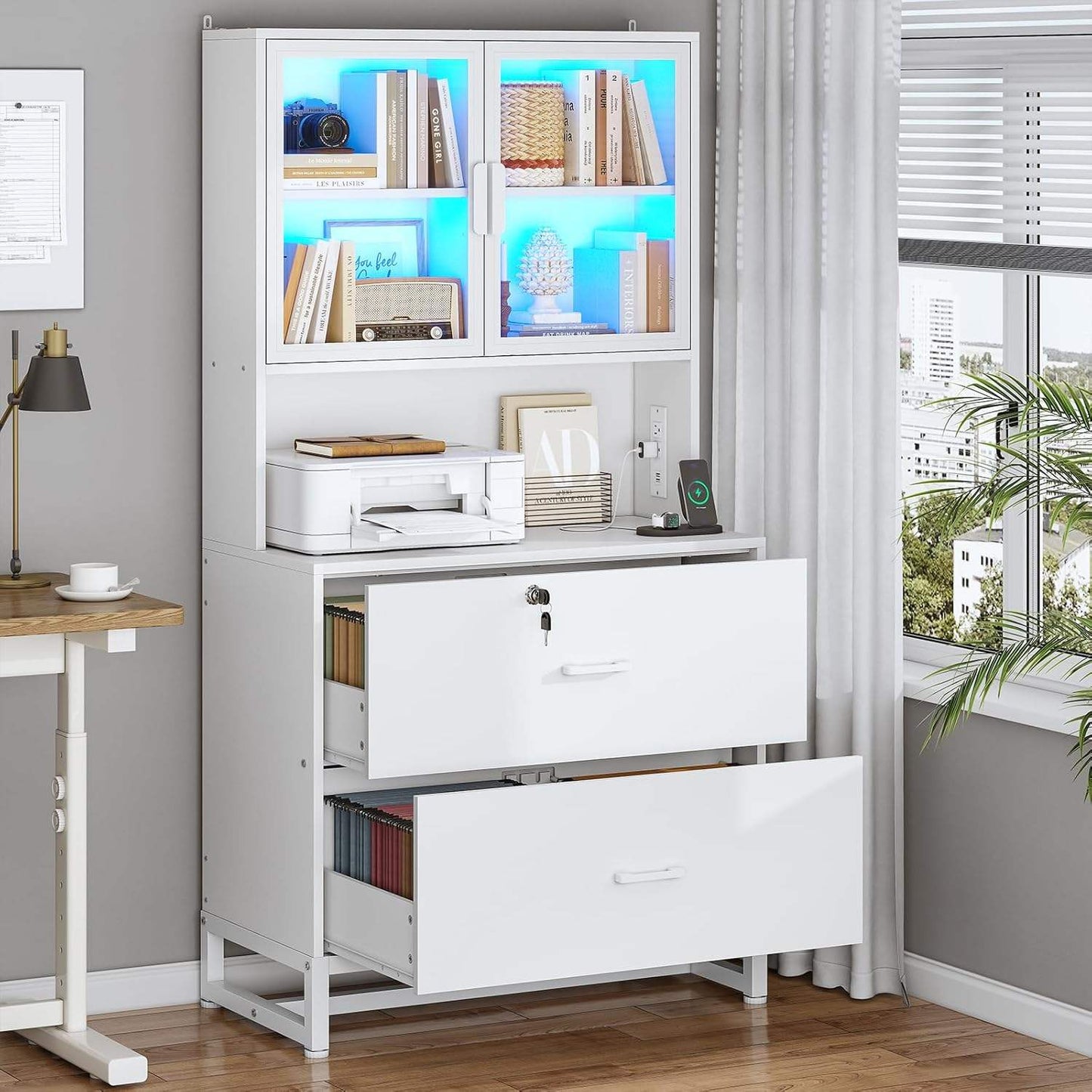 2 Drawers File Cabinet with Bookshelf and Lock & Charging Station White