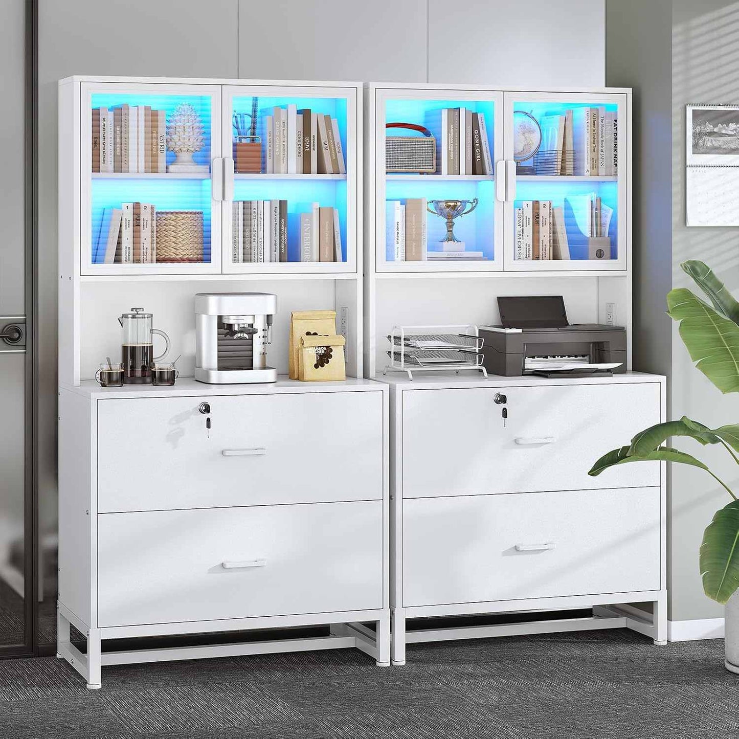2 Drawers File Cabinet with Bookshelf and Lock & Charging Station White