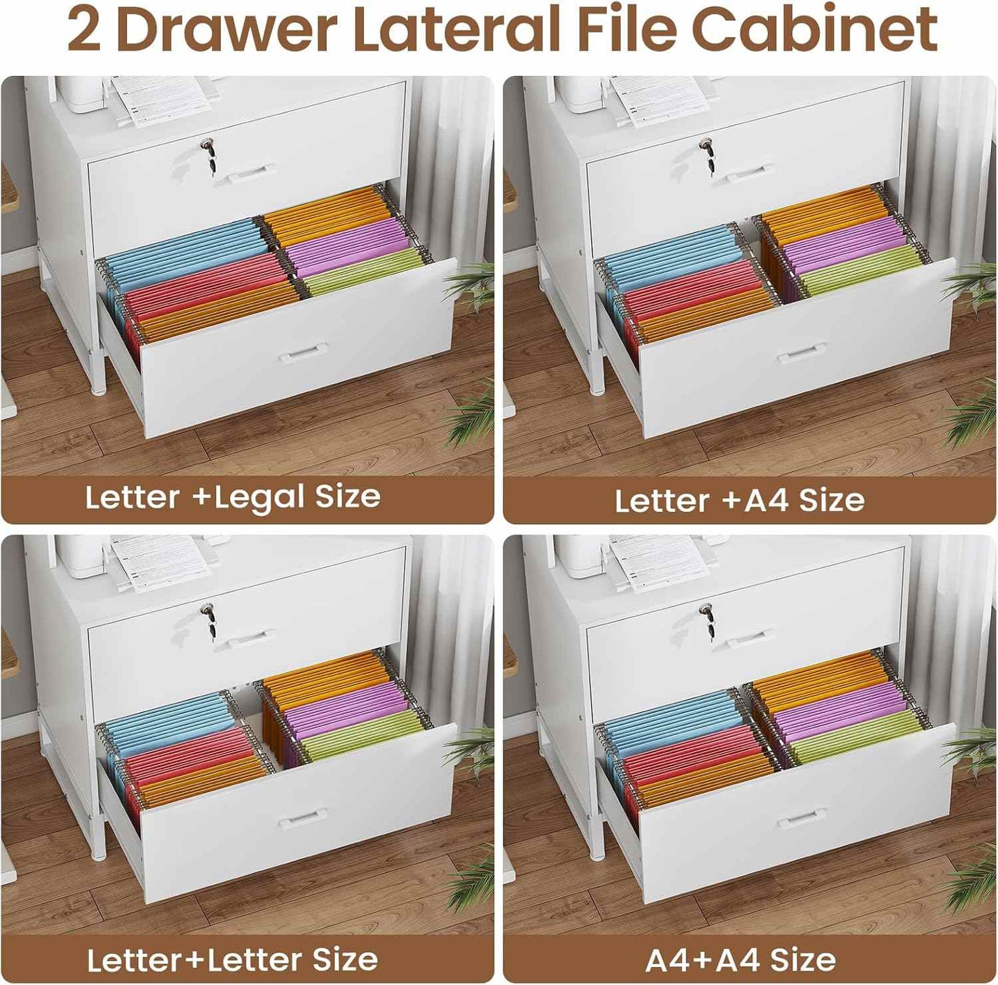 2 Drawers File Cabinet with Bookshelf and Lock & Charging Station White