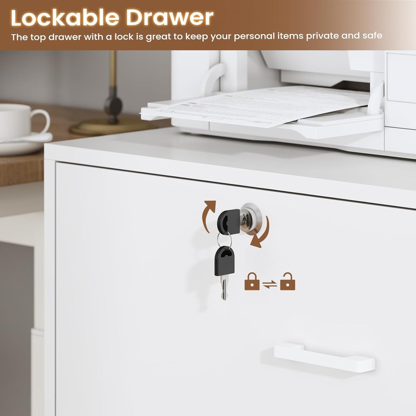 2 Drawers File Cabinet with Bookshelf and Lock & Charging Station White