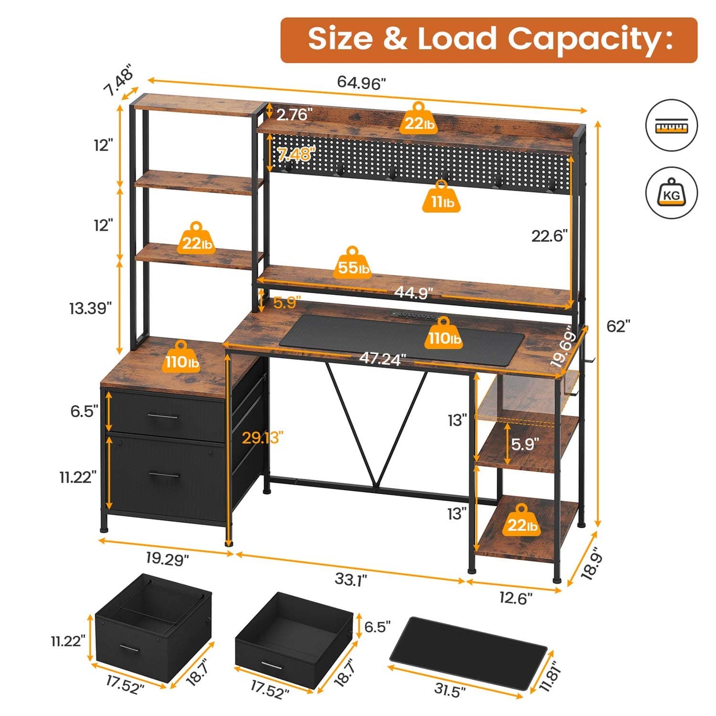 65 Inches Reversible LED Gaming Desk Brown